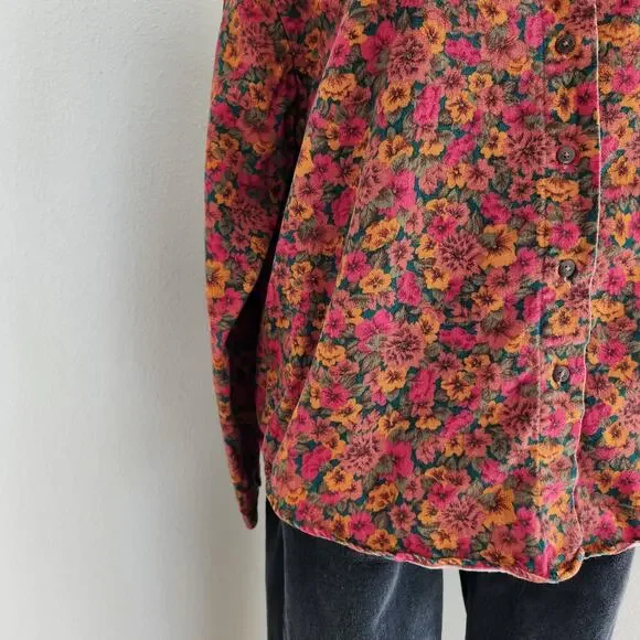 Vintage 90s Land's End Red Green Orange Autumn Fall Floral Button Down Shirt L - Picture 4 of 9